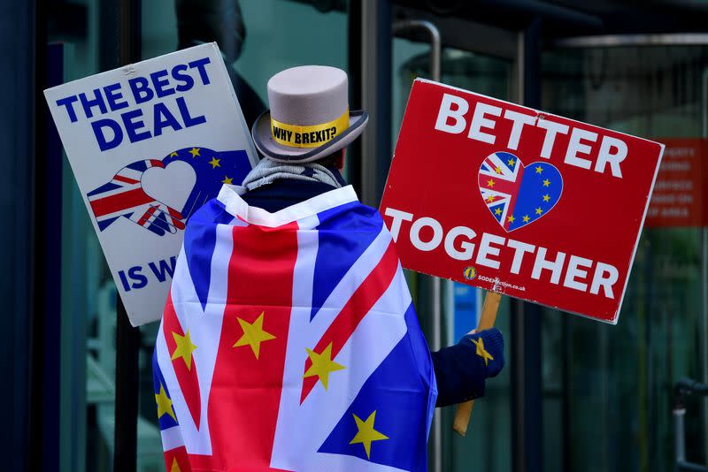 FILE PHOTO: Anti-Brexit protester Steve Bray demonstrates outside of the conference centre where Brexit trade deal negotiations are taking place in London