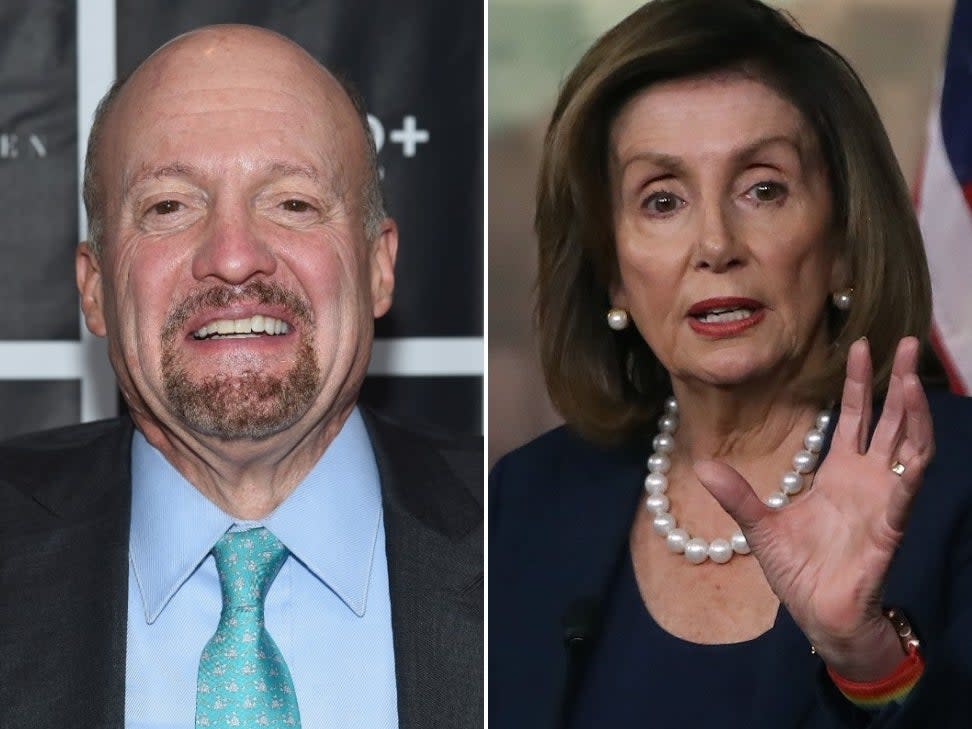 Jim Cramer (right) attends the New York Fatherhood Lunch to benefit GOOD+ Foundation on 18 October 2016 in New York City. Speaker of the House Nancy Pelosi (left) speaks during her weekly news conference on Capitol Hill, on 16 January 2020 in Washington, DC ((Getty Images))