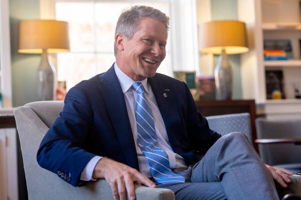 Kevin Guskiewicz reflects on his time as the chancellor of UNC-Chapel Hill during an interview with The News & Observer on Wednesday, Jan.10, 2024. Guskiewicz will leave the university Friday to become the president of Michigan State University. Travis Long/tlong@newsobserver.com