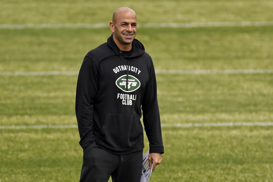 CORRECTS SPELLING OF LAST NAME TO SALEH, NOT SALAH AS ORIGINALLY SENT - New York Jets head coach Robert Saleh reacts during an NFL rookie minicamp football practice Friday, May 3, 2024, in Florham Park, N.J. (AP Photo/Adam Hunger)