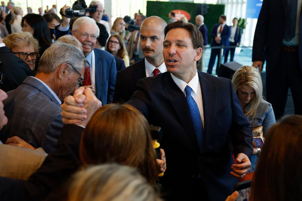 Florida Gov. Ron DeSantis greets attendees after his remarks at the Heritage Foundation's 50th Anniversary Leadership Summit at in National Harbor, Maryland on April 21, 2023.