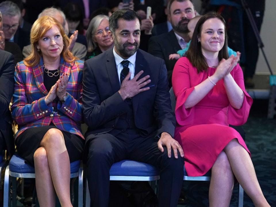 The moment Humza Yousaf is declared victor over Ash Regan (left) and Kate Forbes (right) (PA)
