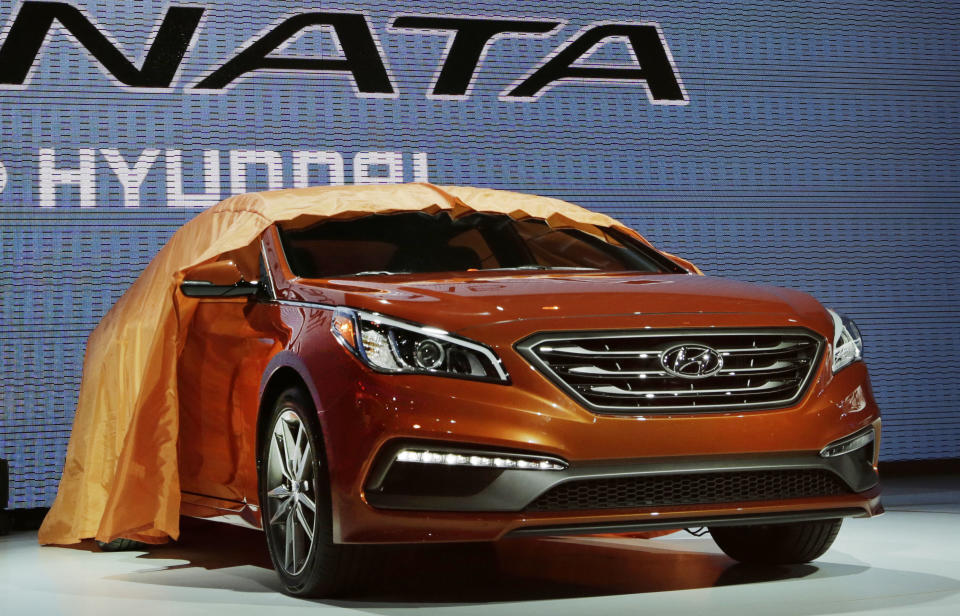 The 2015 Hyundai Sonata is introduced at the New York International Auto Show, Wednesday, April 16, 2014, in New York. (AP Photo/Mark Lennihan)