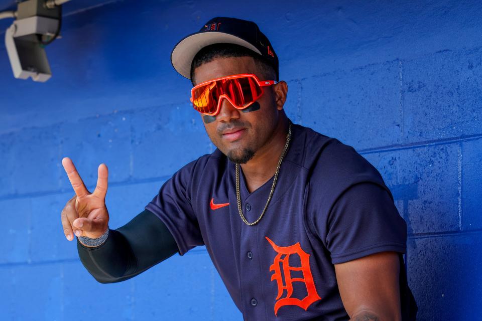 Detroit Tigers first baseman Andy Ibanez (77) poses for a picture before the game against the Toronto Blue Jays at TD Ballpark in Dunedin, Florida, on Tuesday, Feb. 28, 2023.