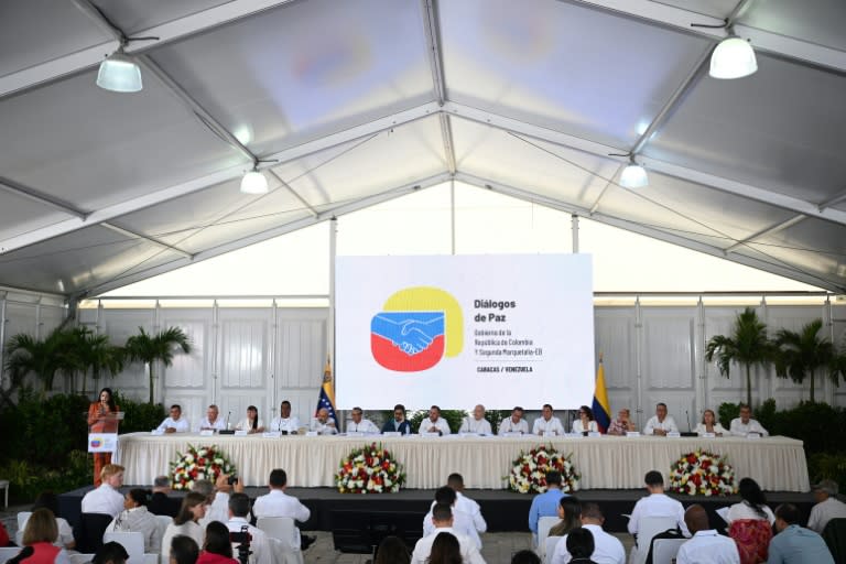 Colombian government officials and representatives of the Segunda Marquetalia rebel group at the start of peace talks in the Venezuelan capital Caracas on June 23 (Federico PARRA)