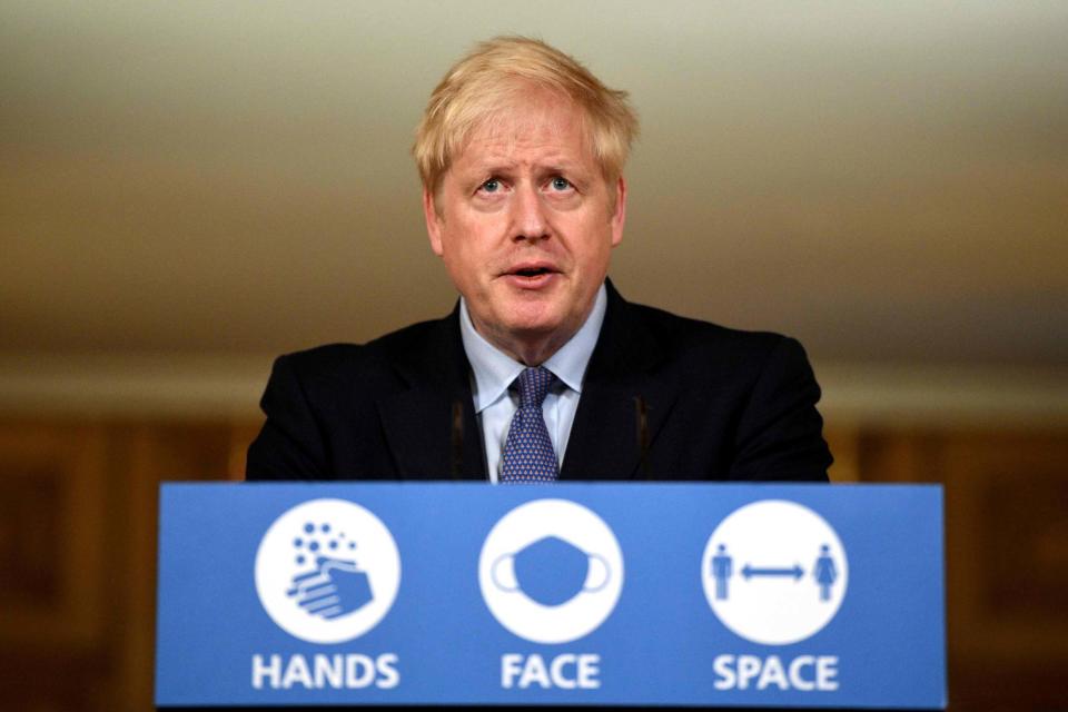 Britain's Prime Minister Boris Johnson speaks during a virtual press conference inside 10 Downing Street (POOL/AFP via Getty Images)