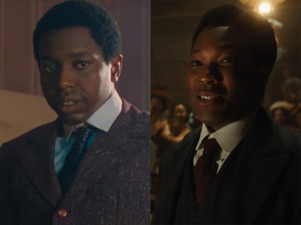 Left: Willard E. Pugh as Harpo in the 1985 version of "The Color Purple." Right: Corey Hawkins as Harpo in the 2023 version of "The Color Purple."