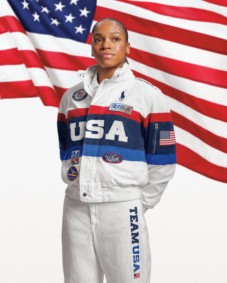 Gymnast Shilese Jones models Ralph Lauren's Team USA closing ceremony uniform for the 2024 Paris Olympics. (Courtesy Ralph Lauren)