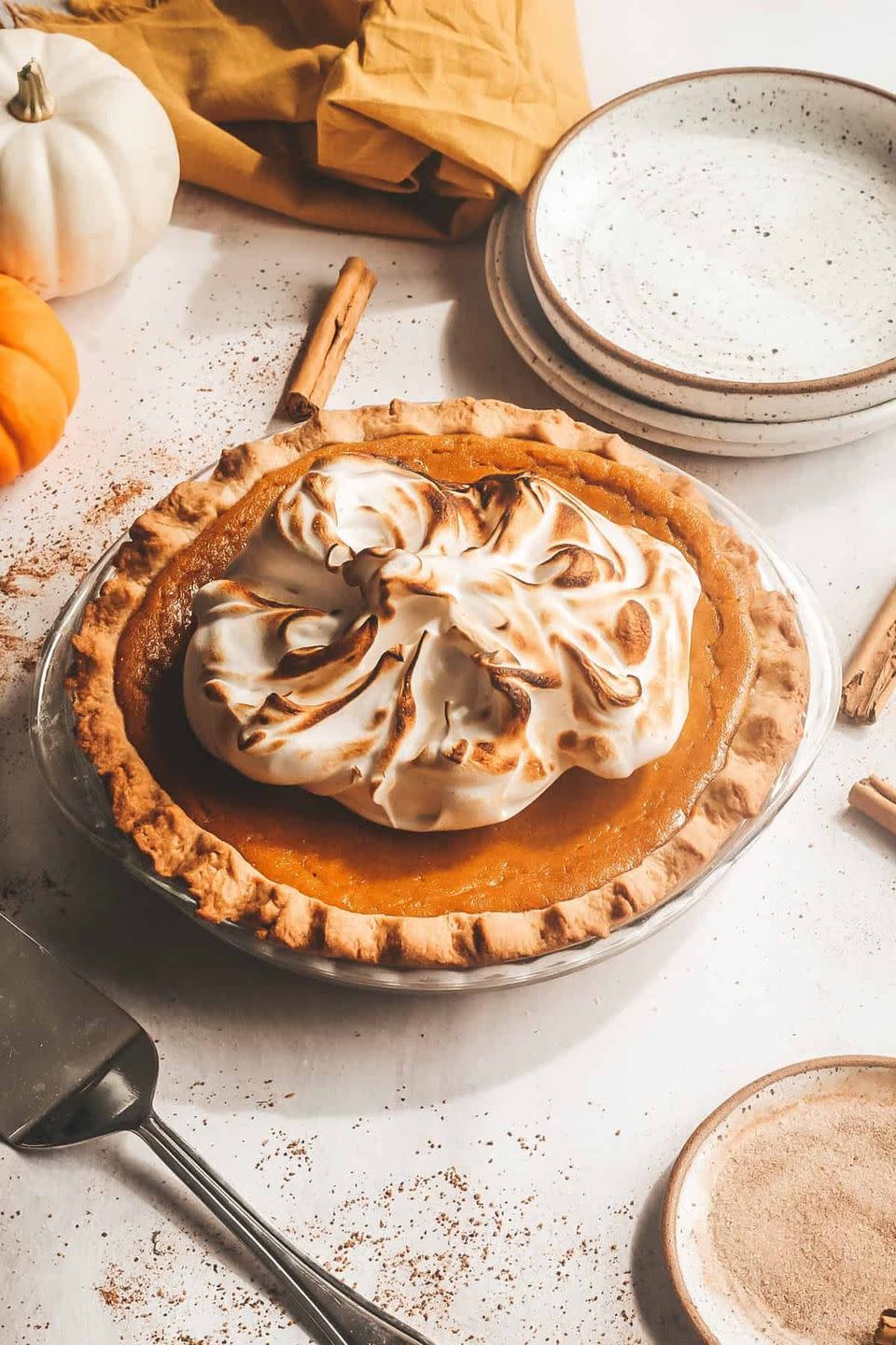 <p>There are so many layers of flavor in this pumpkin pie, including sage, browned butter, cloves, and nutmeg.</p><p><strong>Get the recipe at <a href="https://britneybreaksbread.com/sage-browned-butter-pumpkin-pie-with-spiced-meringue/" rel="nofollow noopener" target="_blank" data-ylk="slk:Britney Breaks Bread;elm:context_link;itc:0;sec:content-canvas" class="link ">Britney Breaks Bread</a>.</strong> </p>