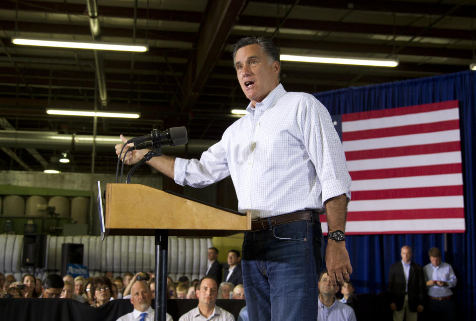 Republican presidential candidate, former Massachusetts Gov. Mitt Romney, gestures during a campaign stop at Monterey Mills on Monday, June 18, 2012 in Janesville, Wis. Democratic and Republican candidates agree that the economy is everything in this election. (AP Photo/Evan Vucci)