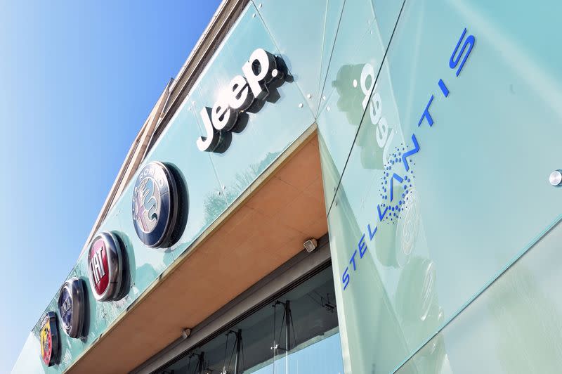 FILE PHOTO: The logo of Stellantis is seen at the main entrance of the FCA Mirafiori plant in Turin