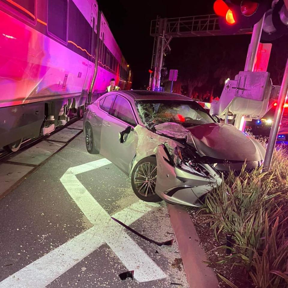 A Brightline train crashed into a car Thursday evening Dec. 21, 2023, at Confusion Corner in Stuart, Florida.