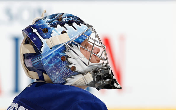 TORONTO, ON - OCTOBER 25 - Frederik Andersen #31 of the Toronto Maple Leafs checks the clock during the second period against the Tampa Bay Lightning at the Air Canada Centre on October 25, 2016 in Toronto, Ontario, Canada. (Photo by Mark Blinch/NHLI via Getty Images)