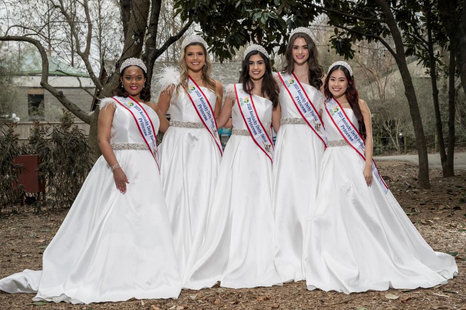 (L-R). The 2023 Kentucky Derby Festival Princesses Hayley Benson, Lauren Carter, Mahshad Taheri, Mallory Hudson and Valerie Tran at the Louisville Zoo in Louisville, Ky. on Jan. 8, 2023. 