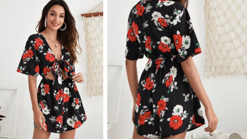 SHEIN Tie Front Floral Print Peekaboo Romper, $19