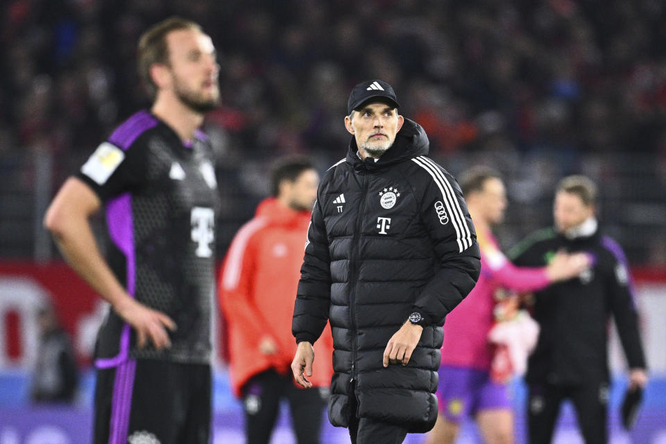 Munich coach Thomas Tuchel reacts after the the Bundesliga soccer match between SC Freiburg and Bayern Munich at the Europa-Park Stadium in Freiburg Im Breisgau, Germany, Friday March 1, 2024. (Tom Weller/dpa via AP)