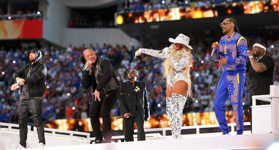 Eminem, Dr. Dre, Kendrick Lamar, Mary J. Blige, Snoop Dogg, and 50 Cent perform during the Pepsi Super Bowl LVI Halftime Show at SoFi Stadium on February 13, 2022 in Inglewood, California. (Photo by Kevin C. Cox/Getty Images) - Credit: Getty Images