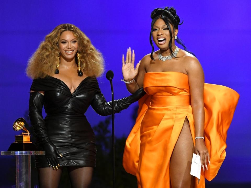 Beyoncé and Megan Thee Stallion at the 2021 Grammy Awards.