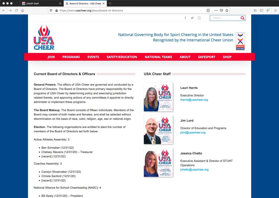 Lauri Harris is listed as executive director of USA Cheer on the organization's website as of Sept. 15.