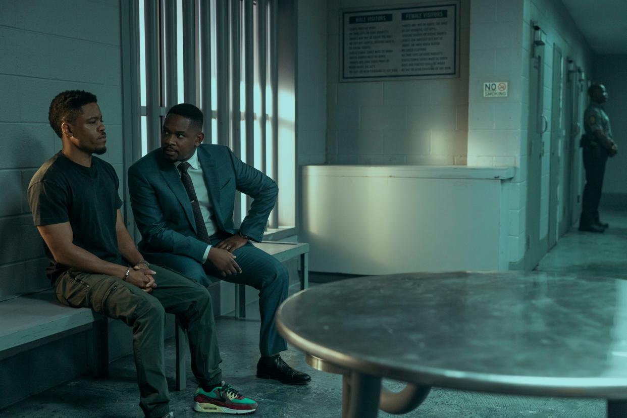 (L to R) Jon Michael Hill as Conrad, Aml Ameen as Roger White in Netflix's "A Man in Full."