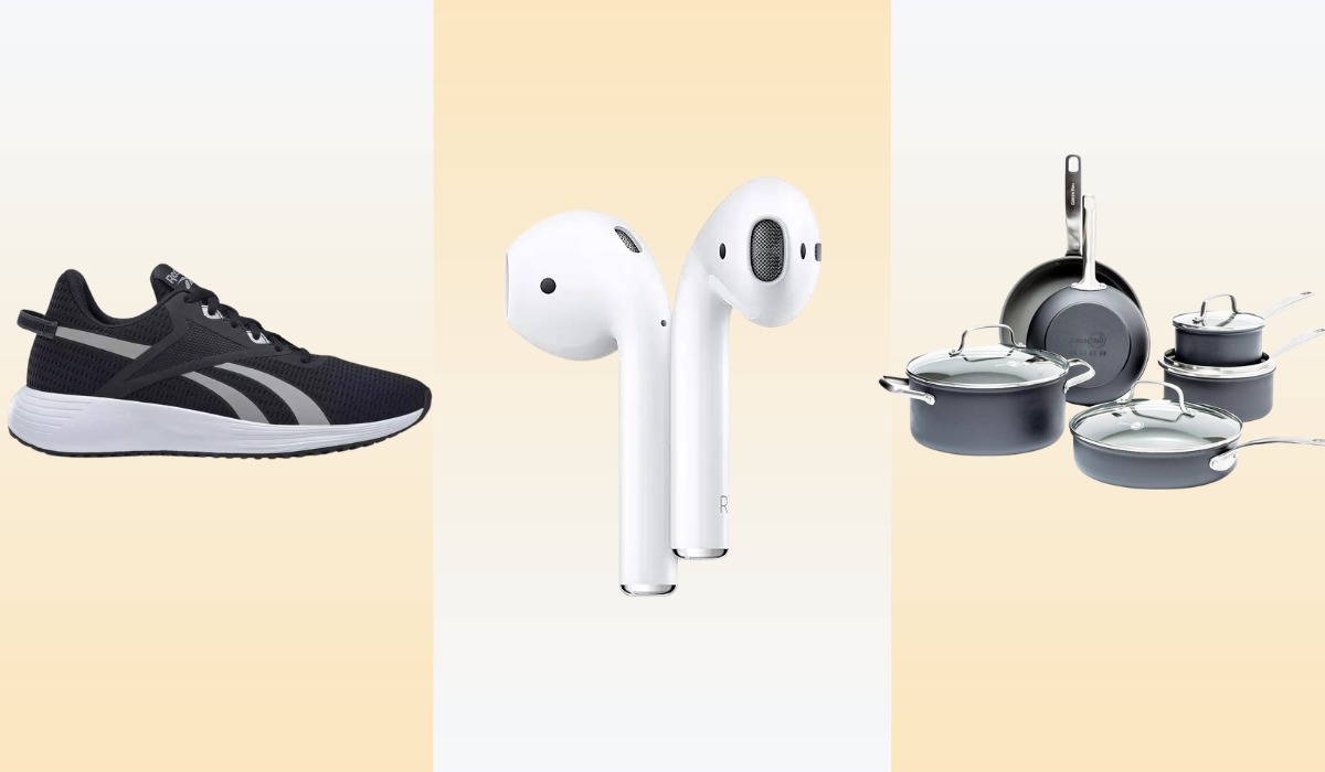 Top 10 deals including Reeboks, Apple AirPods, and GreenPans on a yellow background