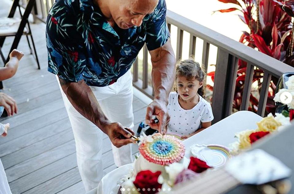 In photos posted over Labor Day weekend, Johnson shared a peek at the couple's rainbow cake, which Jasmine was jazzed to eat.