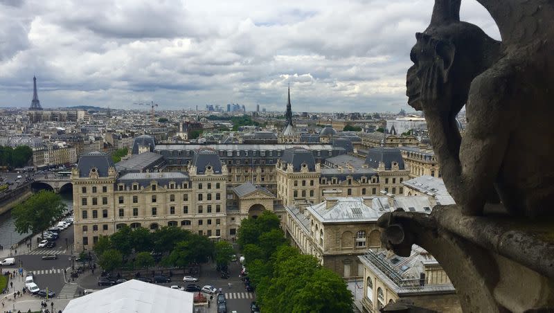 The statue on the Notre Dame Cathedral inspired Victor Hugo’s the character Quasimodo in “The Hunchback of Notre-Dame,” pictured on May 6, 2017.