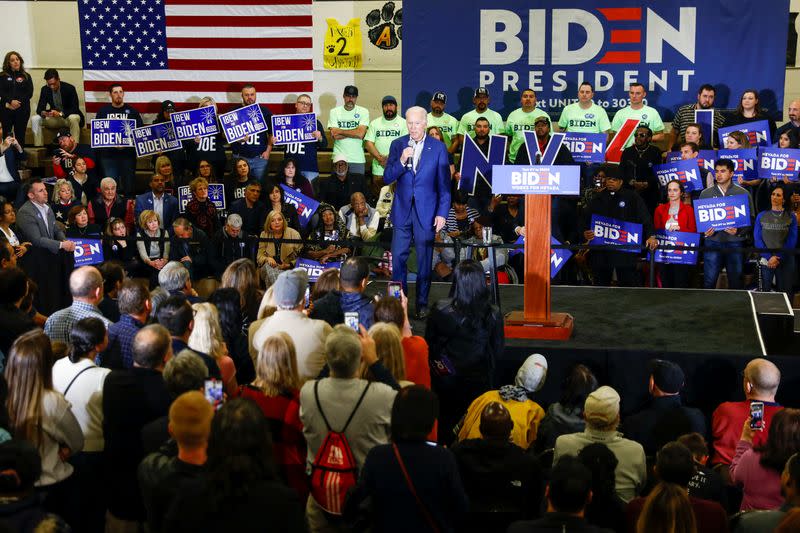 Democratic 2020 U.S. presidential candidate and former Vice President Joe Biden speaks as he campaigns on the eve of the Nevada Caucus at Hyde Park Middle School in Las Vegas