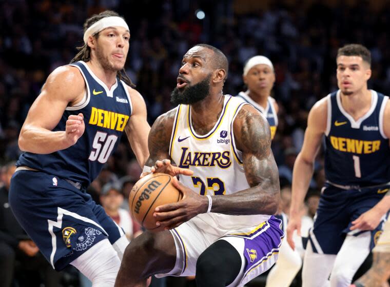 LOS ANGELES, CALIFORNIA - APRIL 27: Lakers Lakers LeBron James drives to the basket.