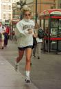 <p>This is perhaps the most famous of the "Diana outfits." The Princess rewore her Harvard sweatshirt multiple times, usually paired with black spandex shorts and small circular glasses. </p>