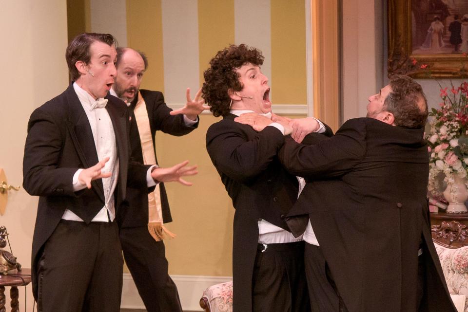 From left, Michael Perrie Jr., Andrew Benator, Hank von Kolnitz and Aaron Muñoz in a scene from Ken Ludwig’s “A Comedy of Tenors” at Florida Studio Theatre.