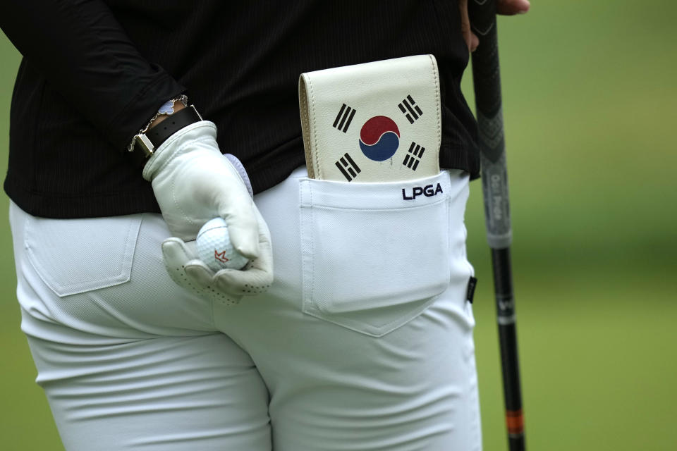 Ko Jin-young, of South Korea, prepares to tee off on the sixth hole during the second round of the Women's PGA Championship golf tournament, Friday, June 23, 2023, in Springfield, N.J. (AP Photo/Seth Wenig)