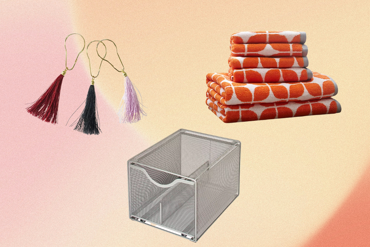 A gradient background with orange, yellow and pink has three images overlaid on it: a trio of gold hooks lined with tassels, an orange and white patterned towel set, and a gray mesh storage box. 