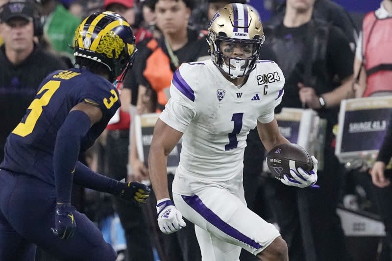 Former Washington Huskies star Rome Odunze (R) could be a target for the New York Giants, who need wide receiver help. File Photo by Kevin M. Cox/UPI