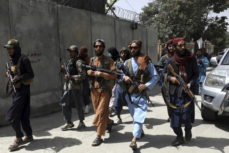 Taliban fighters patrol in Wazir Akbar Khan neighbourhood in the city of Kabul, Afghanistan, on Wednesday. Source: AP Photo/Rahmat Gul