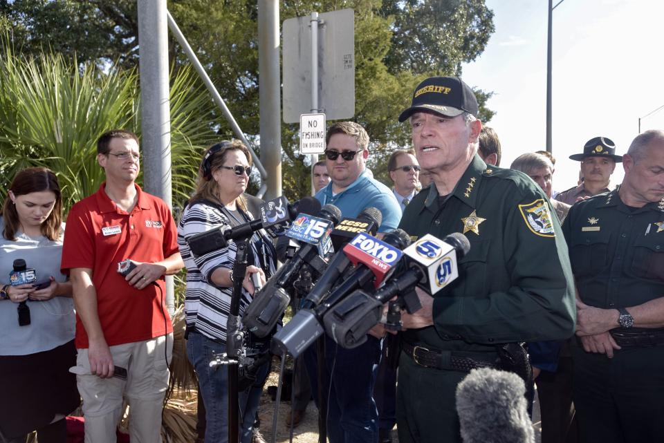 Escambia County Sheriff David Morgan speaks with members of the media during a press conference about a shooting that occurred at NAS Pensacola on Friday, Dec. 6, 2019.