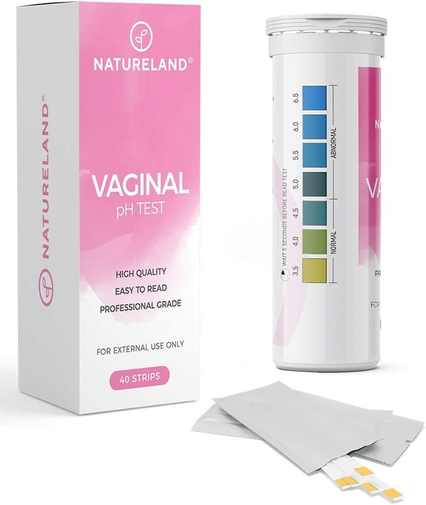 A box of vaginal ph test strips with a tube and test strips laying next to the packaging