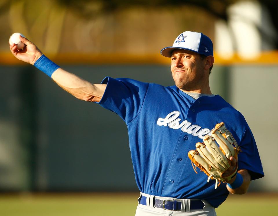 Israel's Ian Kinsler warms up before a game at Salt River Fields at Talking Stick near Scottsdale on May 13, 2021.