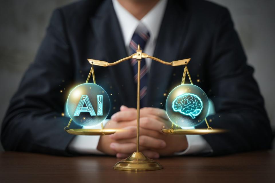 A person in a business suit sitting behind a scale with letters AI on one side and a brain on the other. 