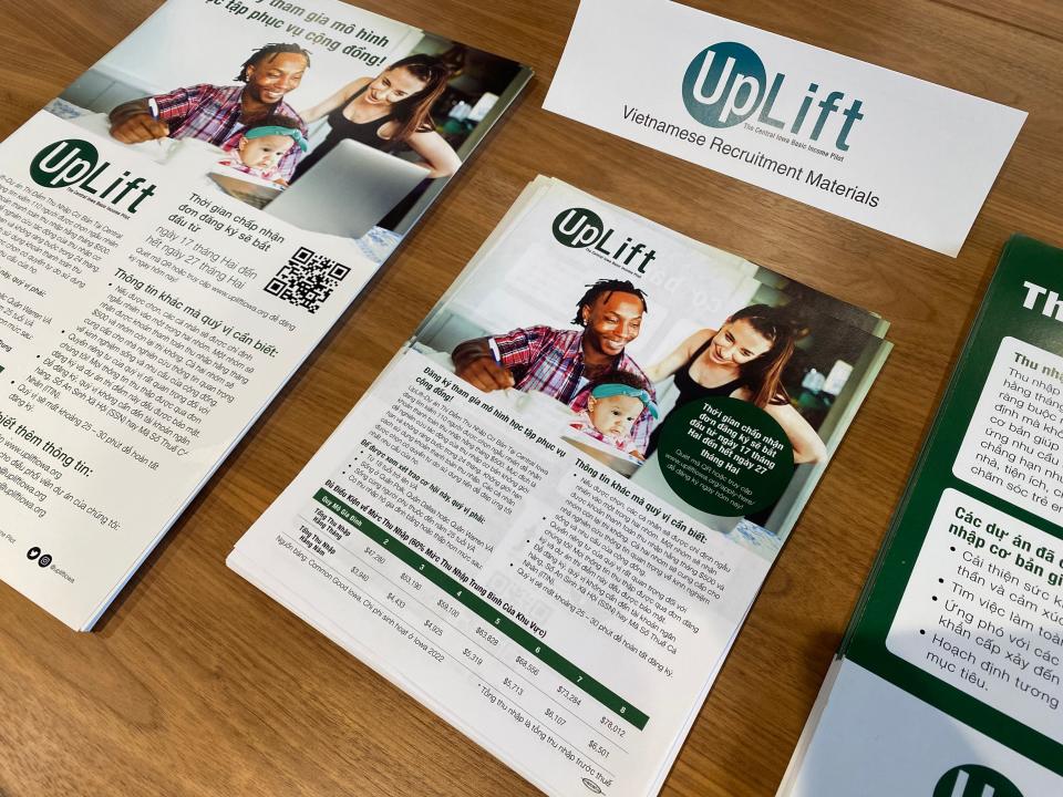 A new program for central Iowans plans to offer $500 a month for the next two years. Materials promoting the new program, UpLift — the Central Iowa Basic Income Pilot, were on display in different languages at a launch event Feb. 15 at the Tom and Ruth Harkin Center.