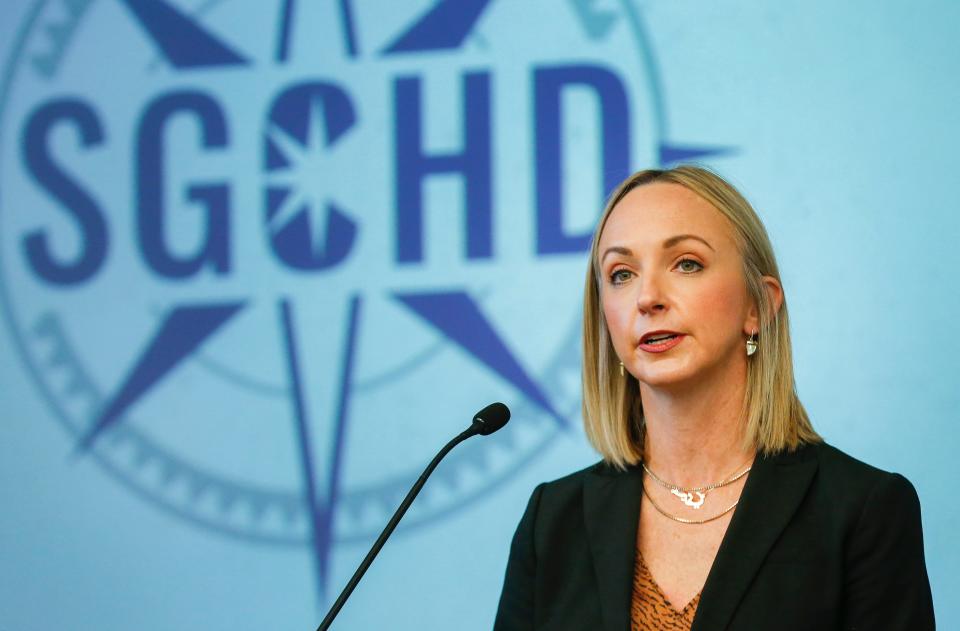 Springfield-Greene County Health Director Katie Towns speaks during a press briefing about the surge in COVID-19 cases in Greene County at the Greene County Public Safety Center on Wednesday, Jan. 5, 2022.