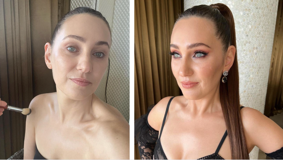Side-by-side shots of Zoe before and after applying her Logies makeup