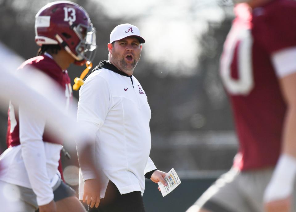 Mar 6, 2024; Tuscaloosa, Alabama, USA; Defensive coordinator Kane Wommack gives directions during practice of the Alabama Crimson Tide football team Wednesday.