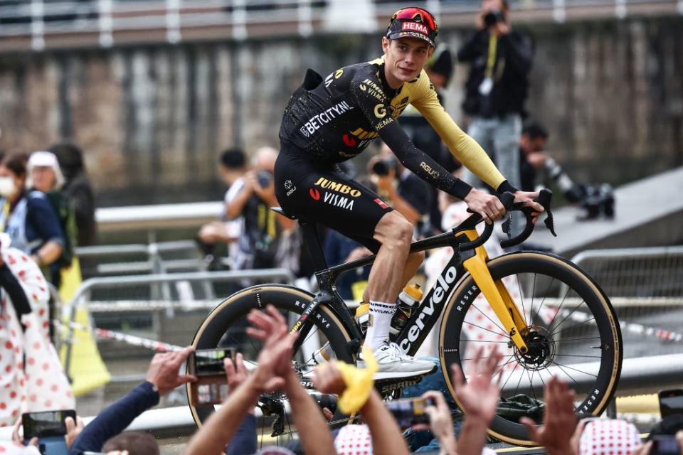 JumboVismas Danish rider Jonas Vingegaard cycles to the stage during the official teams presentation near the Guggenheim Museum Bilbao in Bilbao northern Spain on June 29 2023 two days prior to the start of the 110th edition of the Tour de France cycling race Photo by AnneChristine POUJOULAT  AFP Photo by ANNECHRISTINE POUJOULATAFP via Getty Images