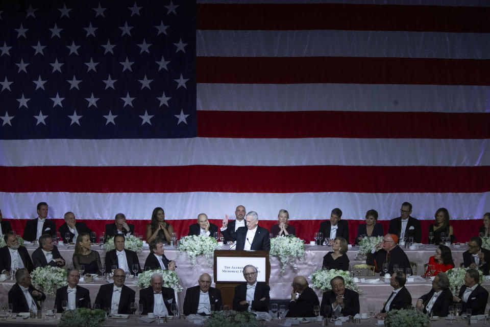 Former U.S. Secretary of Defense Jim Mattis, center, delivers the keynote address during the 74th Annual Alfred E. Smith Memorial Foundation Dinner, Thursday, Oct. 17, 2019, in New York. (AP Photo/Mary Altaffer)