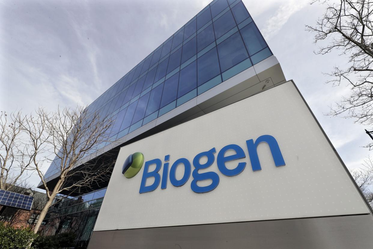 The Biogen Inc., headquarters, Wednesday, March 11, 2020, in Cambridge, Mass. (AP Photo/Steven Senne)