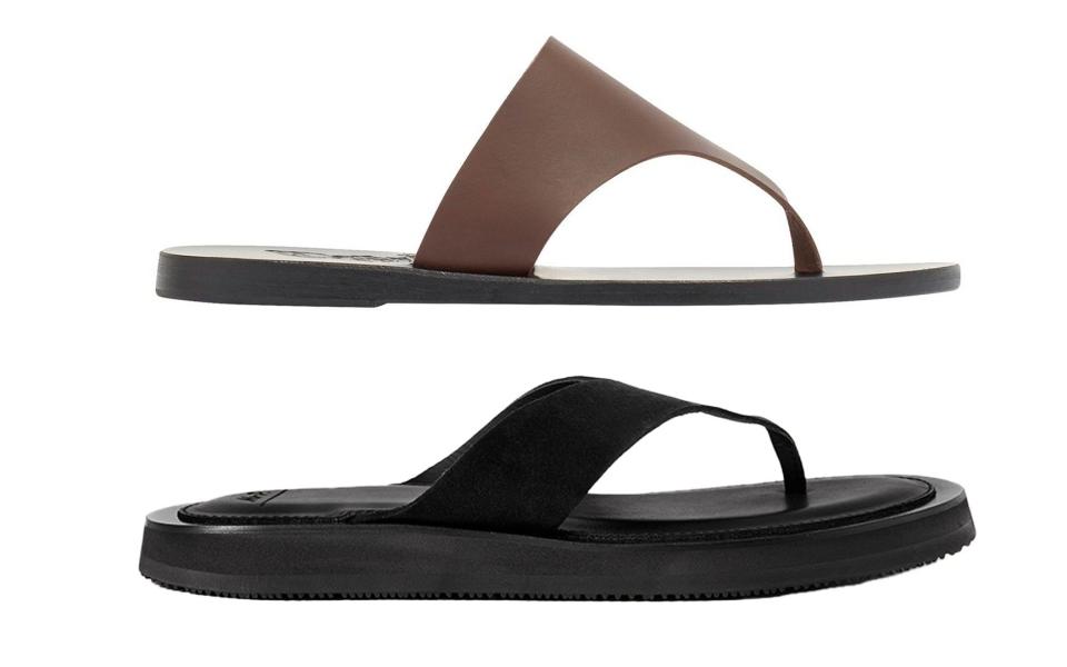 Women: Mera leather sandals, £160, Ancient Greek Sandals Ancient-greek-sandals.com;  Men: Mr P Fede suede sandals, £195, Mr Porter mrporter.com