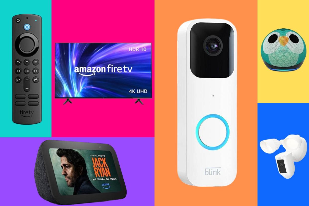 an amazon fire tv stick, echo show, fire tv, blink doorbell camera, echo dot and ring motion light