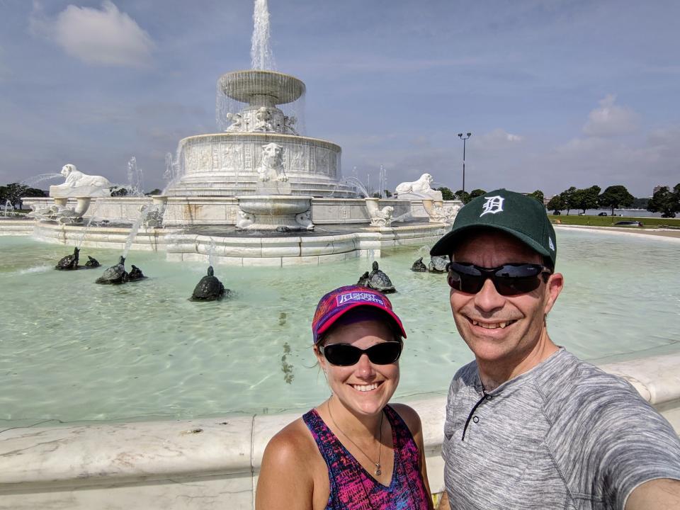 Jessi and Ari Adler by the James Scott Fountain at Belle Isle State Park July 6, 2019. The Okemos couple plan to visit all 103 state parks in Michigan in 2019.