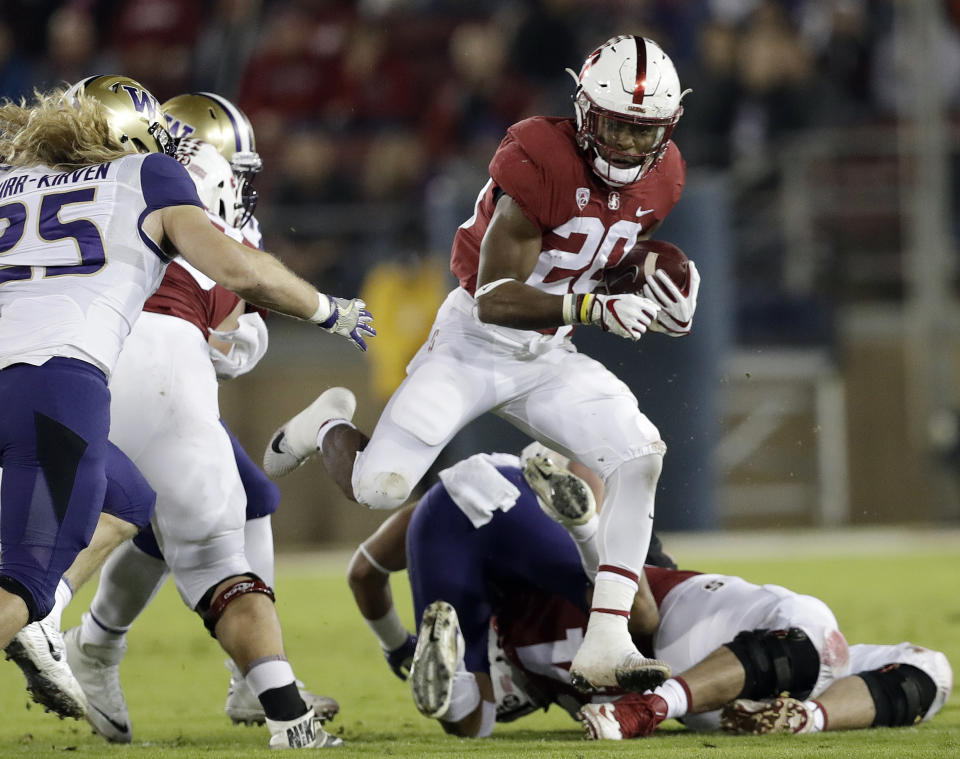 Stanford RB Bryce Love (20) is 20 yards shy of reaching 2,000 yards rushing for the season. (AP Photo/Marcio Jose Sanchez, File)